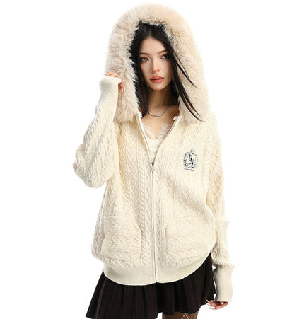 TALKLESSFASHION BIGGOLD Christmas and New Year fur collar hooded red sweater women's autumn and winter atmosphere warm knitted cardigan top