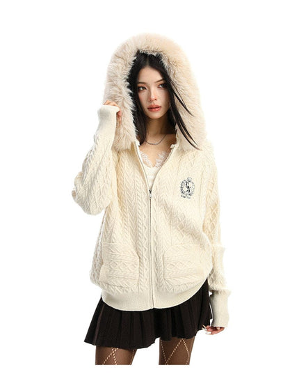 TALKLESSFASHION BIGGOLD Christmas and New Year fur collar hooded red sweater women's autumn and winter atmosphere warm knitted cardigan top