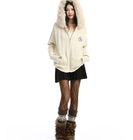 TALKLESSFASHION BIGGOLD Christmas and New Year fur collar hooded red sweater women's autumn and winter atmosphere warm knitted cardigan top