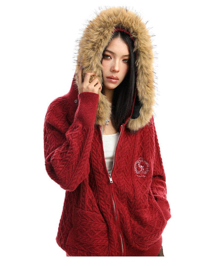 TALKLESSFASHION BIGGOLD Christmas and New Year fur collar hooded red sweater women's autumn and winter atmosphere warm knitted cardigan top