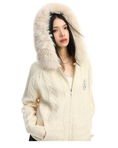 THETLSTUDIO BIGGOLD Christmas and New Year fur collar hooded red sweater women's autumn and winter atmosphere warm knitted cardigan top