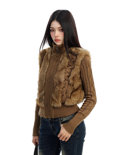 TALKLESSFASHION BIGGOLD Eco-friendly Fur Patchwork Stand Collar Twist Sweater Women's Autumn and Winter Slim Slimming Warm Knitwear Jacket