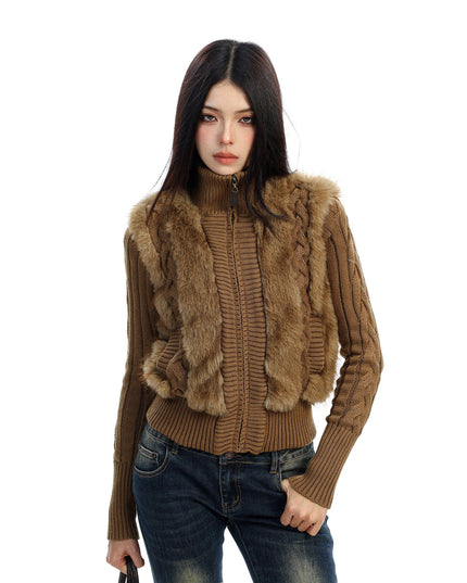 TALKLESSFASHION BIGGOLD Eco-friendly Fur Patchwork Stand Collar Twist Sweater Women's Autumn and Winter Slim Slimming Warm Knitwear Jacket
