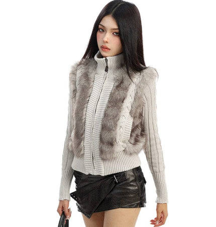 TALKLESSFASHION BIGGOLD Eco-friendly Fur Patchwork Stand Collar Twist Sweater Women's Autumn and Winter Slim Slimming Warm Knitwear Jacket