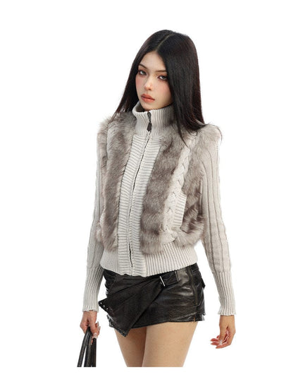 TALKLESSFASHION BIGGOLD Eco-friendly Fur Patchwork Stand Collar Twist Sweater Women's Autumn and Winter Slim Slimming Warm Knitwear Jacket