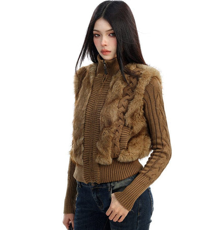 TALKLESSFASHION BIGGOLD Eco-friendly Fur Patchwork Stand Collar Twist Sweater Women's Autumn and Winter Slim Slimming Warm Knitwear Jacket