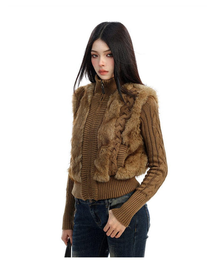 TALKLESSFASHION BIGGOLD Eco-friendly Fur Patchwork Stand Collar Twist Sweater Women's Autumn and Winter Slim Slimming Warm Knitwear Jacket