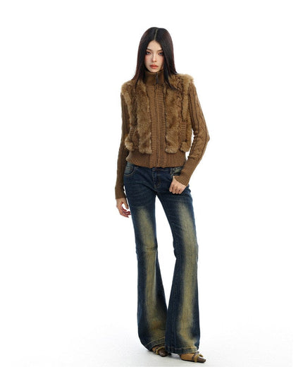 TALKLESSFASHION BIGGOLD Eco-friendly Fur Patchwork Stand Collar Twist Sweater Women's Autumn and Winter Slim Slimming Warm Knitwear Jacket