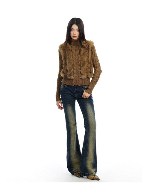 THETLSTUDIO BIGGOLD Eco-friendly Fur Patchwork Stand Collar Twist Sweater Women's Autumn and Winter Slim Slimming Warm Knitwear Jacket