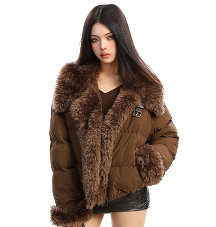 TALKLESSFASHION BIGGOLD high intelligence big fur collar lapel cotton jacket women's winter thickening warm loose brown padded jacket ins