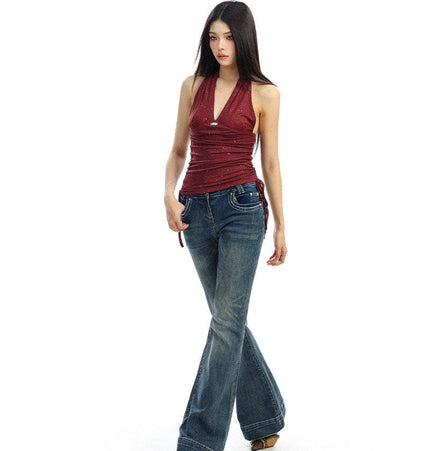 TALKLESSFASHION BIGGOLD hot girl pure desire backless V-neck red neck camisole female slim waist short sleeveless top