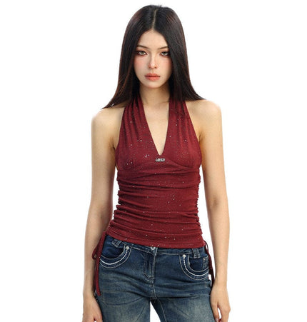 TALKLESSFASHION BIGGOLD hot girl pure desire backless V-neck red neck camisole female slim waist short sleeveless top