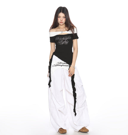 TALKLESSFASHION BIGGOLD one-neck short-sleeved T-shirt women's summer slimming cropped top irregular tassel diamond-encrusted casual T-shirt