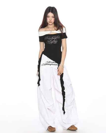 TALKLESSFASHION BIGGOLD one-neck short-sleeved T-shirt women's summer slimming cropped top irregular tassel diamond-encrusted casual T-shirt