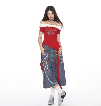 TALKLESSFASHION BIGGOLD one-neck short-sleeved T-shirt women's summer slimming cropped top irregular tassel diamond-encrusted casual T-shirt