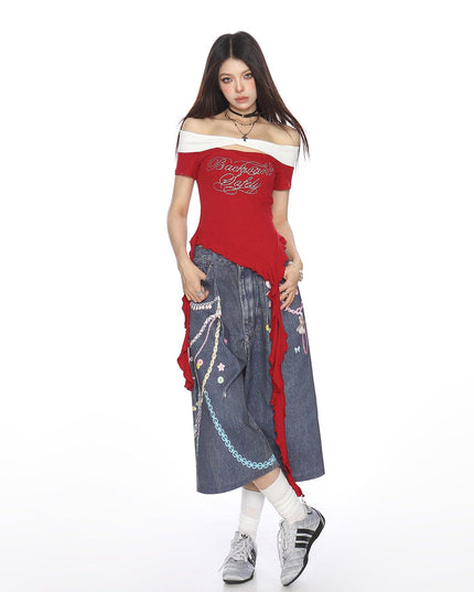 TALKLESSFASHION BIGGOLD one-neck short-sleeved T-shirt women's summer slimming cropped top irregular tassel diamond-encrusted casual T-shirt