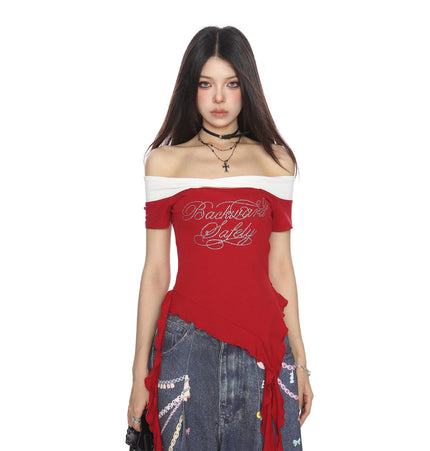 TALKLESSFASHION BIGGOLD one-neck short-sleeved T-shirt women's summer slimming cropped top irregular tassel diamond-encrusted casual T-shirt