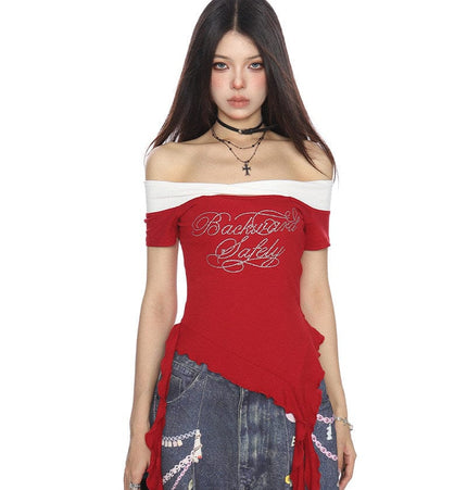 TALKLESSFASHION BIGGOLD one-neck short-sleeved T-shirt women's summer slimming cropped top irregular tassel diamond-encrusted casual T-shirt