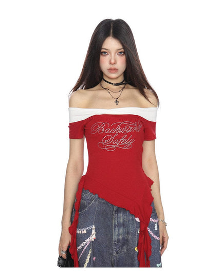 TALKLESSFASHION BIGGOLD one-neck short-sleeved T-shirt women's summer slimming cropped top irregular tassel diamond-encrusted casual T-shirt