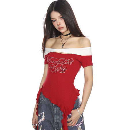 TALKLESSFASHION BIGGOLD one-neck short-sleeved T-shirt women's summer slimming cropped top irregular tassel diamond-encrusted casual T-shirt