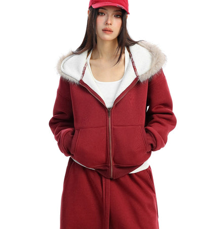 TALKLESSFASHION BIGGOLD Red Battle Robe Fur Collar Hooded Sweatshirt Women's Autumn Winter New Year Top Christmas Plush Pants Two-Piece Set