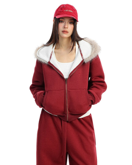 TALKLESSFASHION BIGGOLD Red Battle Robe Fur Collar Hooded Sweatshirt Women's Autumn Winter New Year Top Christmas Plush Pants Two-Piece Set