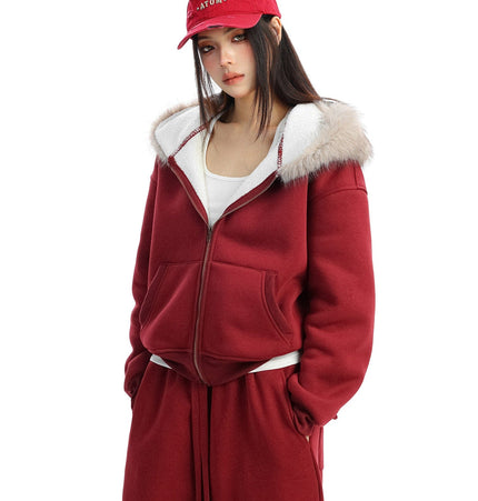 TALKLESSFASHION BIGGOLD Red Battle Robe Fur Collar Hooded Sweatshirt Women's Autumn Winter New Year Top Christmas Plush Pants Two-Piece Set