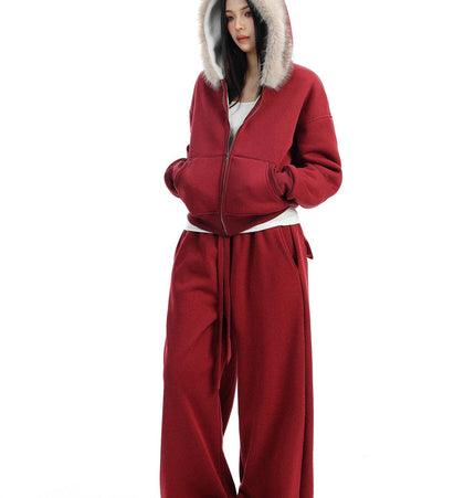 TALKLESSFASHION BIGGOLD Red Battle Robe Fur Collar Hooded Sweatshirt Women's Autumn Winter New Year Top Christmas Plush Pants Two-Piece Set
