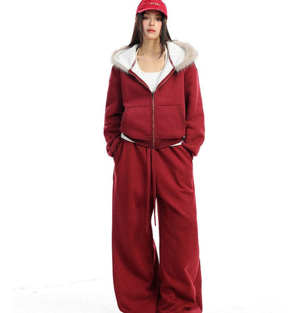 TALKLESSFASHION BIGGOLD Red Battle Robe Fur Collar Hooded Sweatshirt Women's Autumn Winter New Year Top Christmas Plush Pants Two-Piece Set