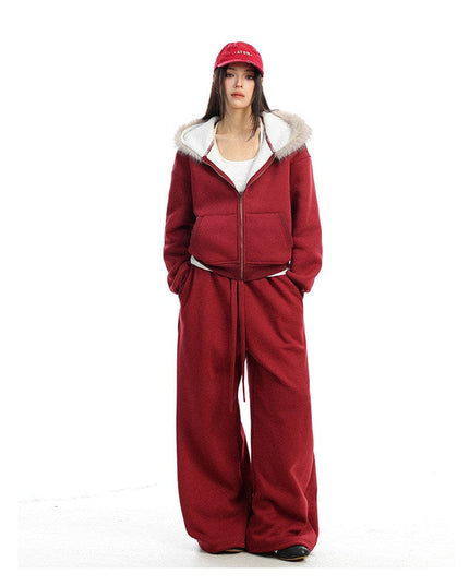 TALKLESSFASHION BIGGOLD Red Battle Robe Fur Collar Hooded Sweatshirt Women's Autumn Winter New Year Top Christmas Plush Pants Two-Piece Set