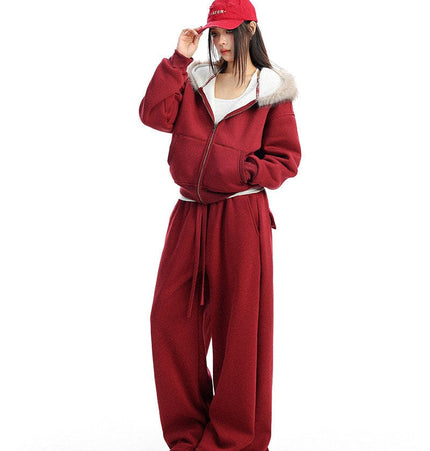 TALKLESSFASHION BIGGOLD Red Battle Robe Fur Collar Hooded Sweatshirt Women's Autumn Winter New Year Top Christmas Plush Pants Two-Piece Set