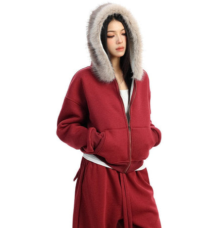 TALKLESSFASHION BIGGOLD Red Battle Robe Fur Collar Hooded Sweatshirt Women's Autumn Winter New Year Top Christmas Plush Pants Two-Piece Set