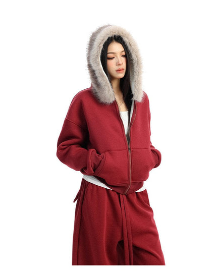 TALKLESSFASHION BIGGOLD Red Battle Robe Fur Collar Hooded Sweatshirt Women's Autumn Winter New Year Top Christmas Plush Pants Two-Piece Set