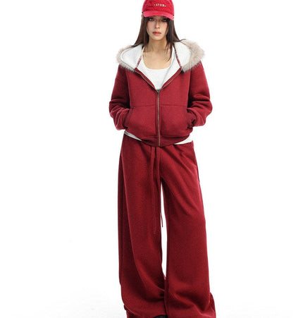 TALKLESSFASHION BIGGOLD Red Battle Robe Fur Collar Hooded Sweatshirt Women's Autumn Winter New Year Top Christmas Plush Pants Two-Piece Set