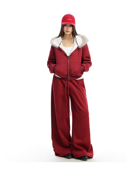 THETLSTUDIO BIGGOLD Red Battle Robe Fur Collar Hooded Sweatshirt Women's Autumn Winter New Year Top Christmas Plush Pants Two-Piece Set