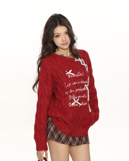 TALKLESSFASHION BIGGOLD Red New Year's Jersey Bow Tie Sweater Women's Autumn and Winter Lazy Wind Soft Waxy Knit Top