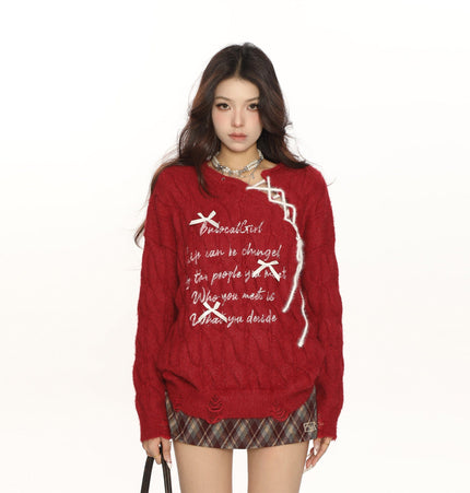 TALKLESSFASHION BIGGOLD Red New Year's Jersey Bow Tie Sweater Women's Autumn and Winter Lazy Wind Soft Waxy Knit Top