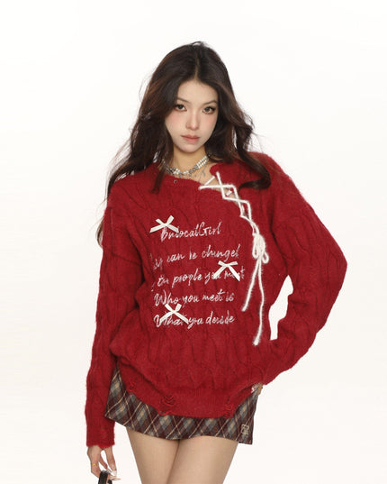 TALKLESSFASHION BIGGOLD Red New Year's Jersey Bow Tie Sweater Women's Autumn and Winter Lazy Wind Soft Waxy Knit Top