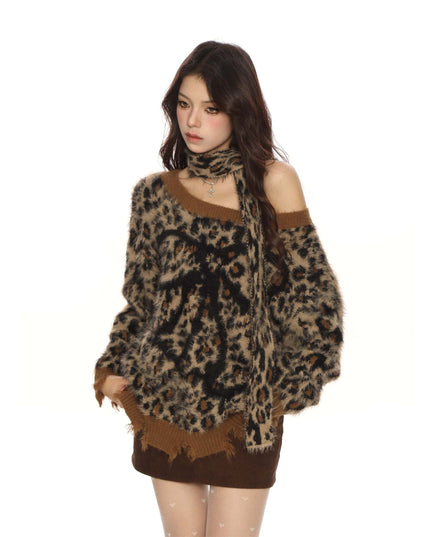 TALKLESSFASHION BIGGOLD sweet cool slanted shoulder leopard print bow soft glut sweater women's autumn and winter lazy style reversible knitwear trend