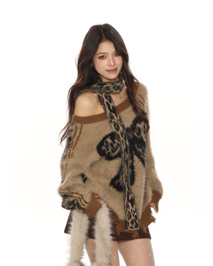 TALKLESSFASHION BIGGOLD sweet cool slanted shoulder leopard print bow soft glut sweater women's autumn and winter lazy style reversible knitwear trend