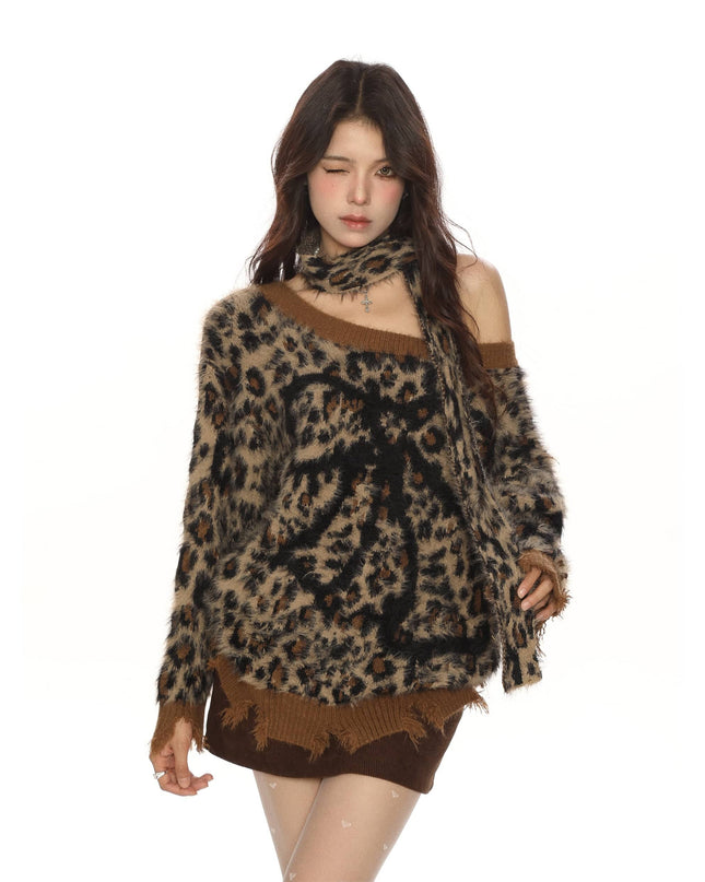 TALKLESSFASHION BIGGOLD sweet cool slanted shoulder leopard print bow soft glut sweater women's autumn and winter lazy style reversible knitwear trend