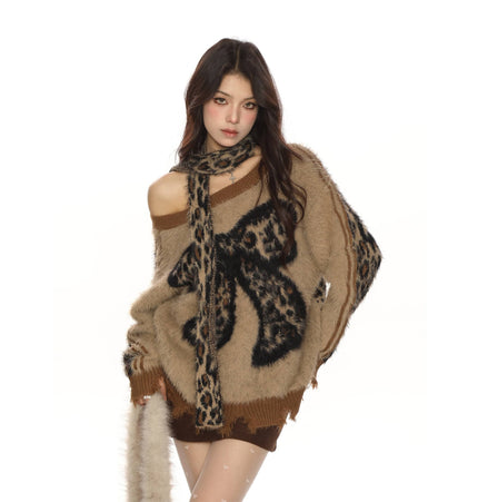 TALKLESSFASHION BIGGOLD sweet cool slanted shoulder leopard print bow soft glut sweater women's autumn and winter lazy style reversible knitwear trend
