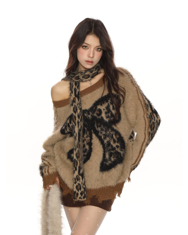 TALKLESSFASHION BIGGOLD sweet cool slanted shoulder leopard print bow soft glut sweater women's autumn and winter lazy style reversible knitwear trend