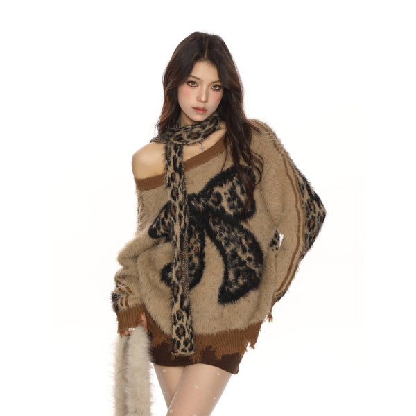 Leopard Bow Slanted Shoulder Sweater