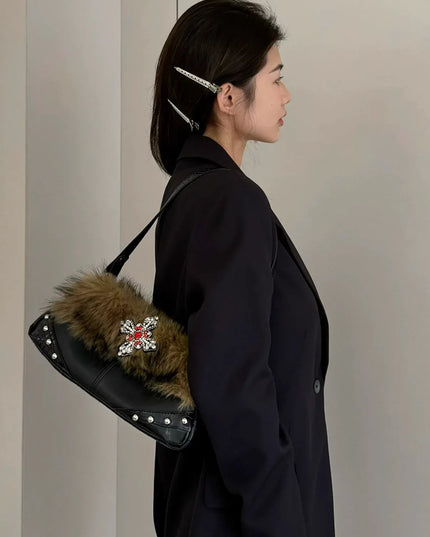 TALKLESSFASHION Black and brown color matching MoonCat original plush sweet cool underarm bag personality niche rhinestone millennial hot girl one-shoulder autumn and winter bag bag girl