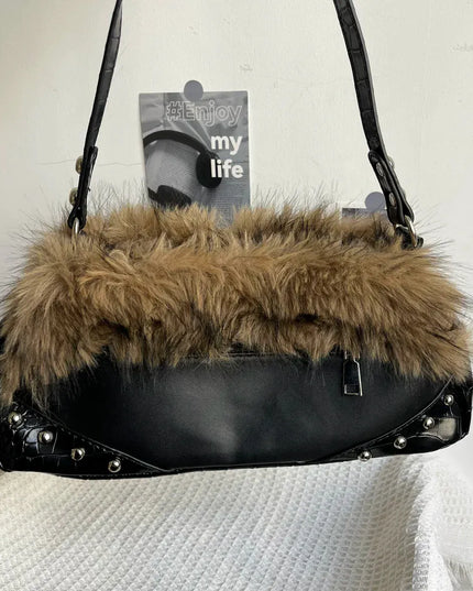 TALKLESSFASHION Black and brown color matching MoonCat original plush sweet cool underarm bag personality niche rhinestone millennial hot girl one-shoulder autumn and winter bag bag girl