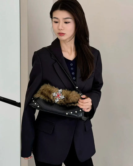 TALKLESSFASHION Black and brown color matching MoonCat original plush sweet cool underarm bag personality niche rhinestone millennial hot girl one-shoulder autumn and winter bag bag girl