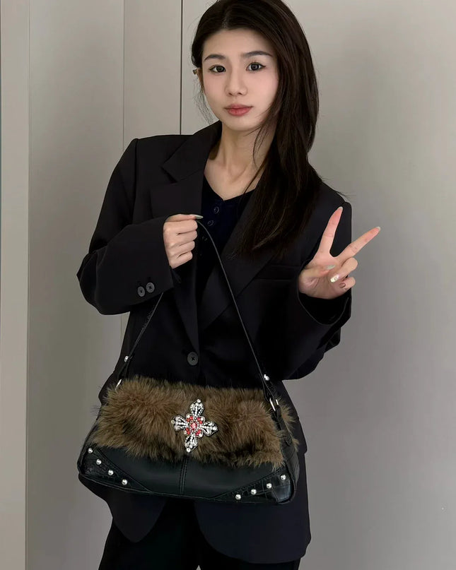 TALKLESSFASHION Black and brown color matching MoonCat original plush sweet cool underarm bag personality niche rhinestone millennial hot girl one-shoulder autumn and winter bag bag girl