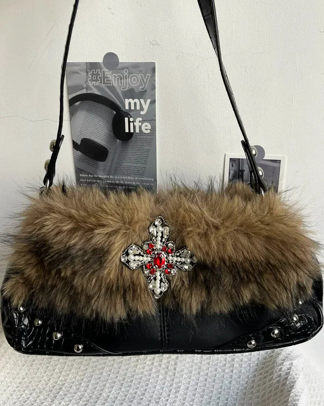 TALKLESSFASHION Black and brown color matching MoonCat original plush sweet cool underarm bag personality niche rhinestone millennial hot girl one-shoulder autumn and winter bag bag girl