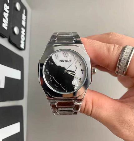 TALKLESSFASHION Black and white pattern Square silver band square watch
